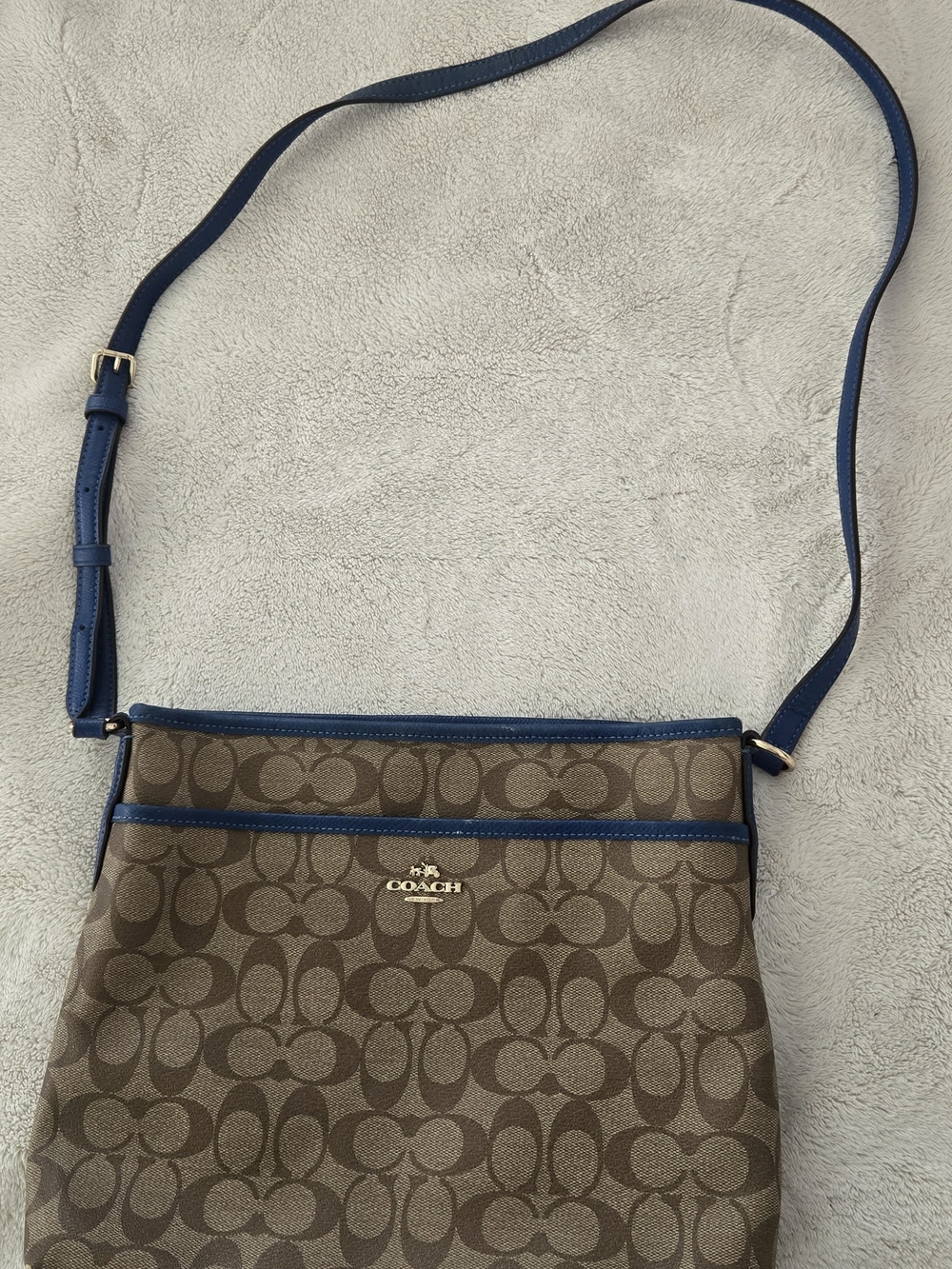 Coach Signature Crossbody Bag in Brown with Blue Trim